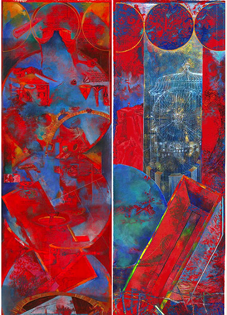 Ellen Wiener, Red Prism and Telescope Pair, each; 42 x 10”, unique prints on paper, 2013