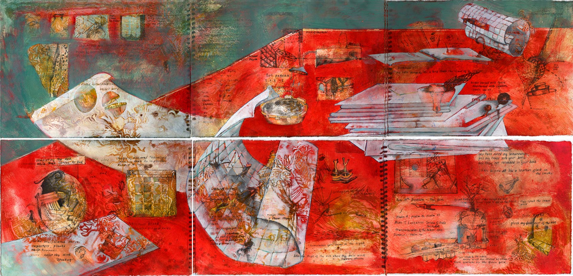 Ellen Wiener, Red Letters, 17 x 42, unique print, oil & hand color. 2010