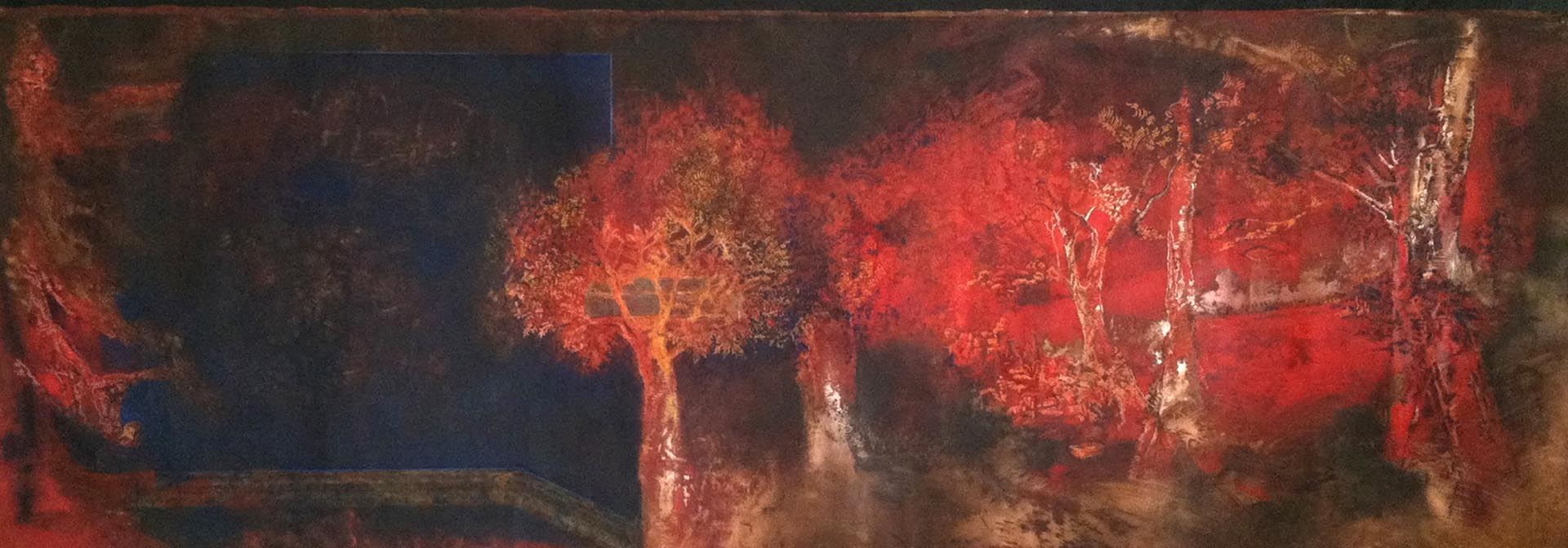 Ellen Wiener, Red Trees, 16 x 60”, oil on copper, 2014