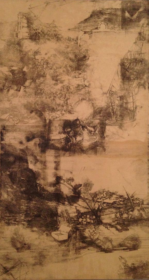 Ellen Wiener, Prose Garden, 48 x 27”, ink on silk book-cloth, 2013