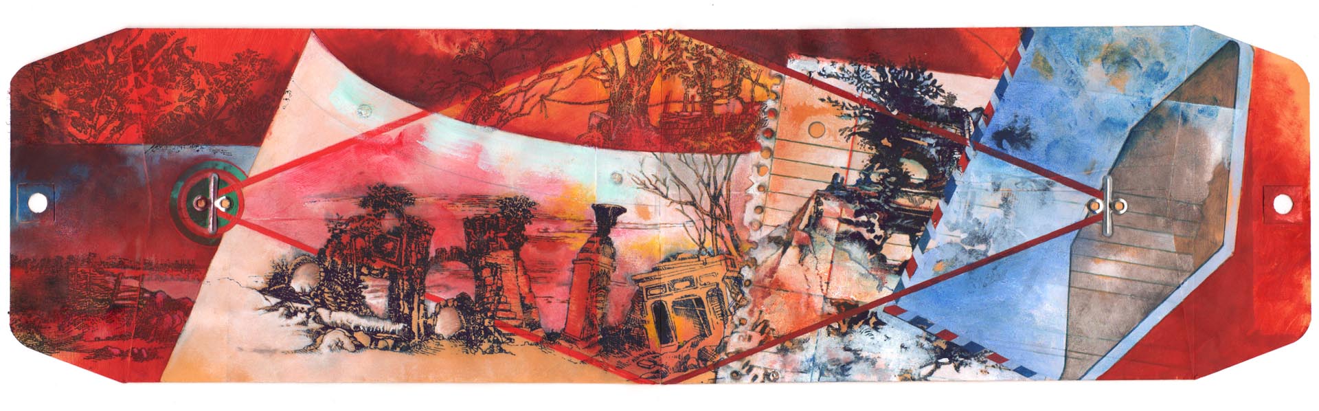 Ellen Wiener, Red Rope, 6 x 22”, Oil on envelopes, 2012