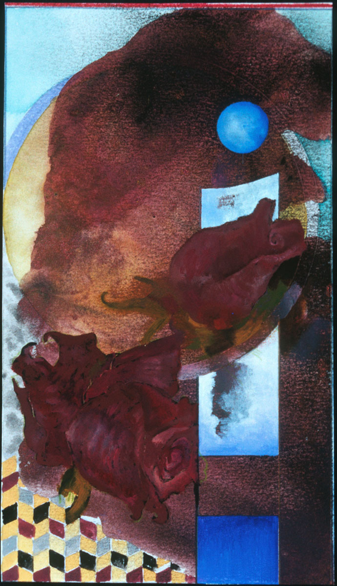 Ellen Wiener, I, 4 x 6”-approximate scale, mixed media/paper with oil, collage and etching, litho, pastel and ink, 2004-6.