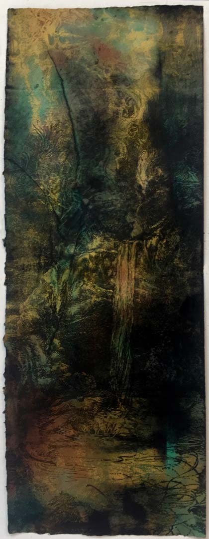 Greenbar Falls, 30 x 11” hand-printed and colored with oil, gouache and casein on handmade green British paper, 2020