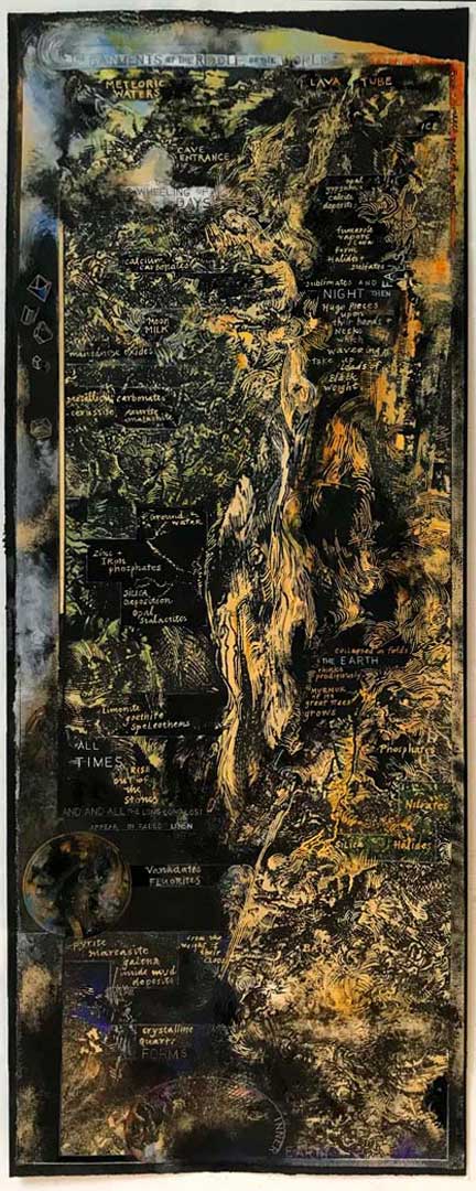 Cave Diagram with Rilke, 33.5 x 13”, hand-printed and colored with oil, casein and gouache on yellow mold made paper mounted on black Arches cover, 2021